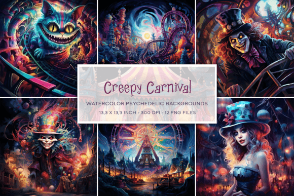 Unleash the Macabre Magic of Creepy Carnival Watercolor Backgrounds